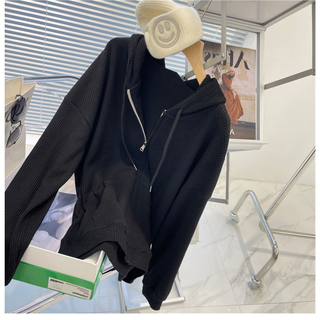 Áo Khoác Hoodie Cotton Dáng Rộng Tay Dài Màu Trơn Có Khóa Kéo Thời Trang Cao Cấp Cho Nữ
