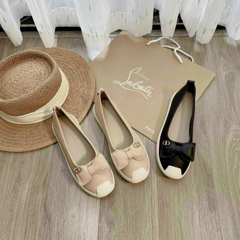 Giầy slip on nữ đính nơ da mềm