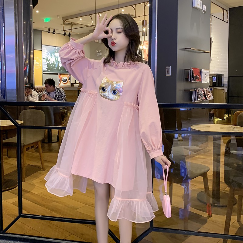 Đầm baby doll lolita 2 mảnh tay dài màu hồng thêu hình mèo cổ lọ sen ulzzang