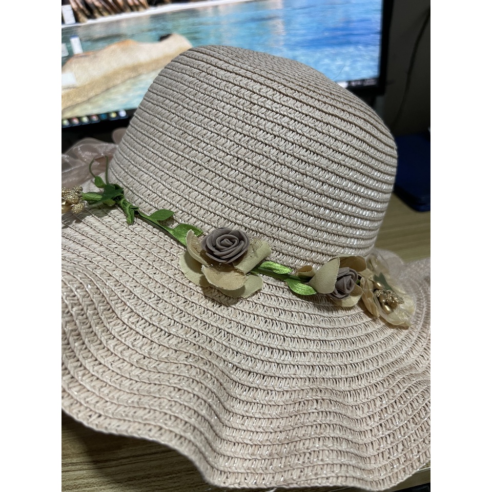 Mũ Rộng Vành Nón Cói Đi Biển Đan Có Hoa Và Nơ Thêm Dịu Dàng Chống Tia UV H991