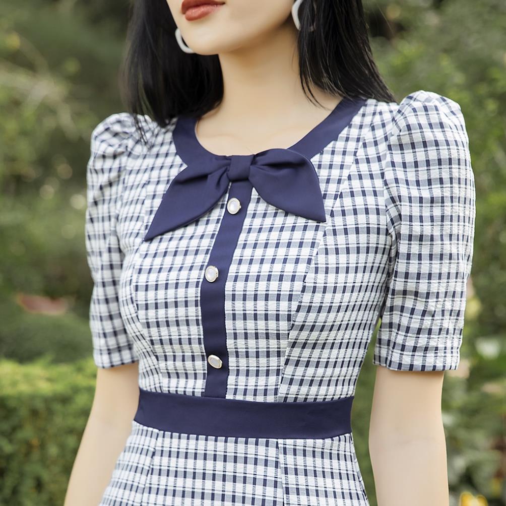 VIP Đầm nữ công sở 2 lớp chữ a caro thời trang Eden cổ tròn phối nơ tay ngắn dây kéo lưng chất liệu thoáng mát - D448