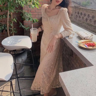 Váy ren trắng cổ vuông dài tay quảng châu cao cấp( có sẵn)