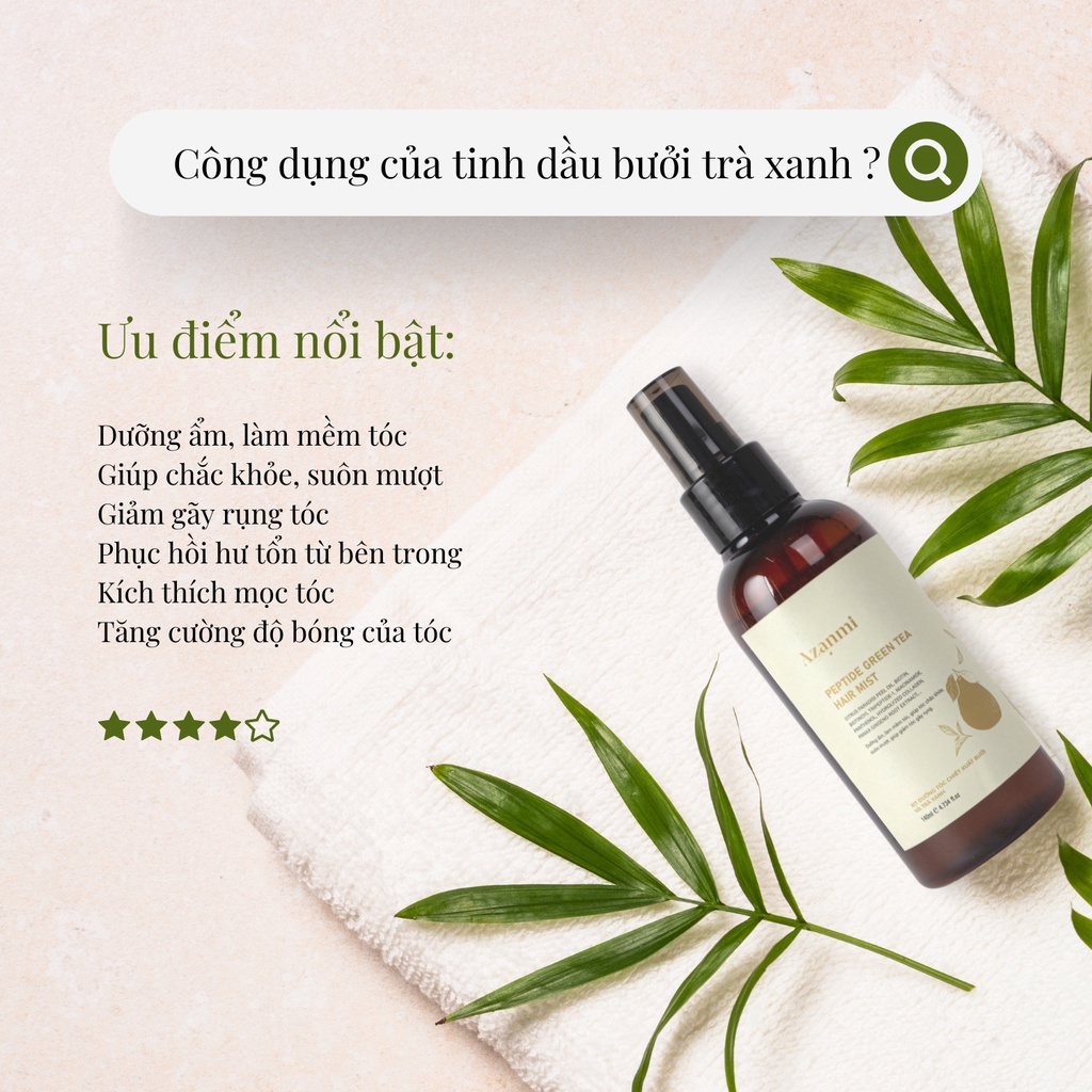 Nước dưỡng tóc tinh dầu bưởi giúp giảm gãy rụng &amp; làm mềm tóc 140ml Cocoon PEPTIDE GREEN TEA HAIR MIST Chính Hãng Azanmi