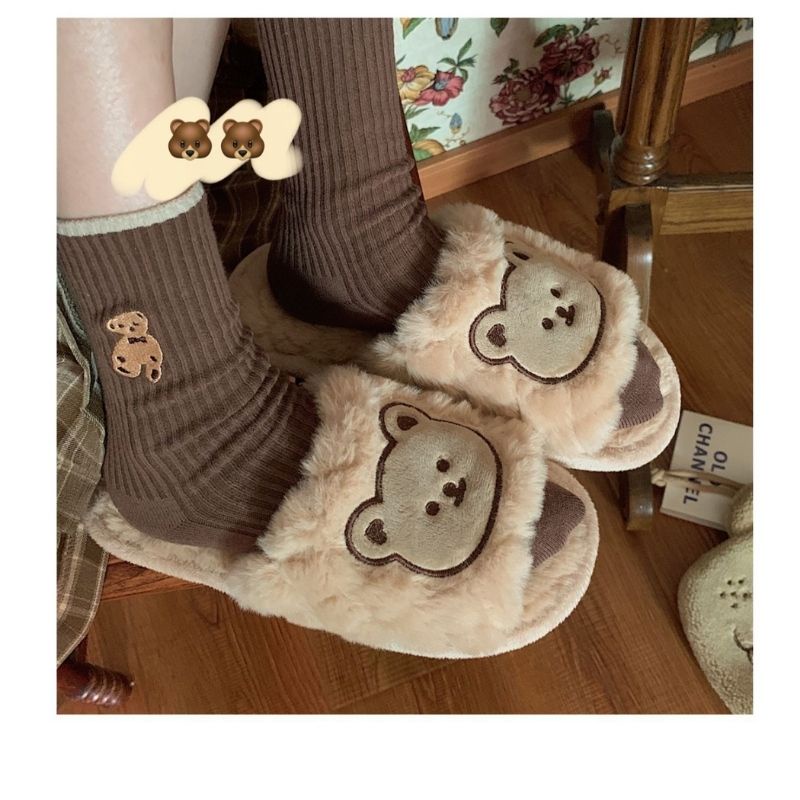 Dép lông nữ quai ngang họa tiết gấu bear đáng yêu hai màu basic đi học đi chơi đi trong nhà siêu xinh jumato