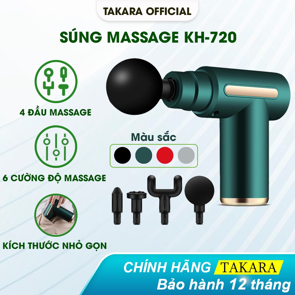 Máy Massage Cầm Tay, Mát Xa Toàn Thân TAKARA Với 4 Đầu Thay Thế và 6 Cấp Độ BH 12 Tháng KH720