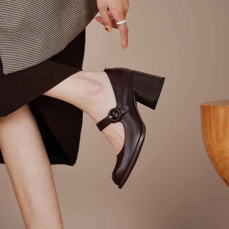 Giày Cao Gót Da Đế Dày Mũi Tròn Màu Nâu/Đen Cho Nữ