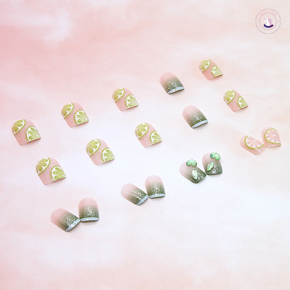 Set 24 Móng Tay Giả Sáng Bóng Họa Tiết Quả Chanh Xanh Lá Phong Cách Pháp Dễ Xé Không Rơi Dành Cho Nữ