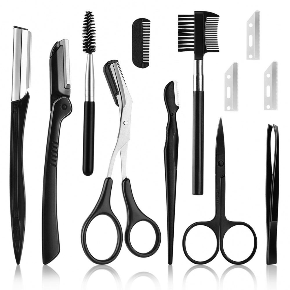 Bộ 11 Dụng Cụ Cạo Lông Mày Gồm Dao Cạo Lông Mày + Nhíp + Túi Đựng Tiện Dụng Cho Nữ
