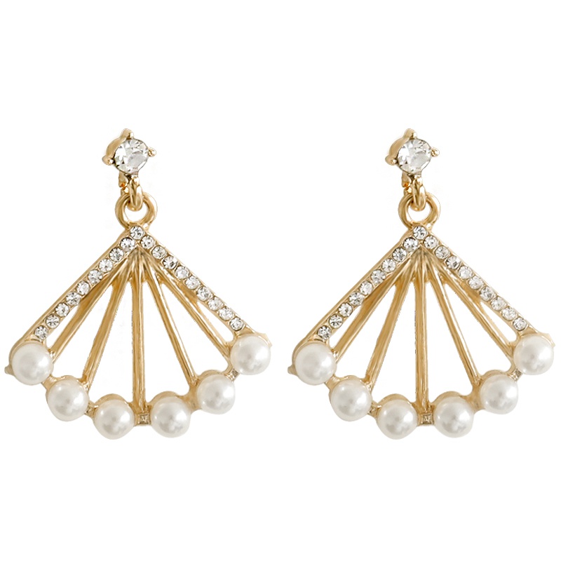 Bông tai hình quạt mạ bạc đính ngọc trai giả thời trang