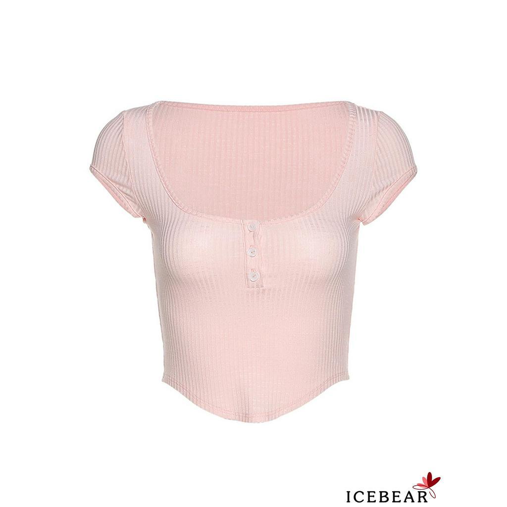 Áo croptop tay ngắn cỗ chữ U đính nút màu trơn mùa hè