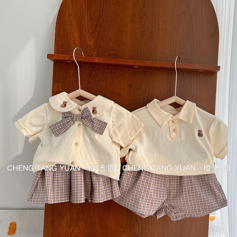 Bộ Áo Sơ Mi Tay Ngắn + Chân Váy Ngắn Phong Cách Hàn Quốc Dễ Thương Thời Trang Mùa Hè Cho Bé Gái