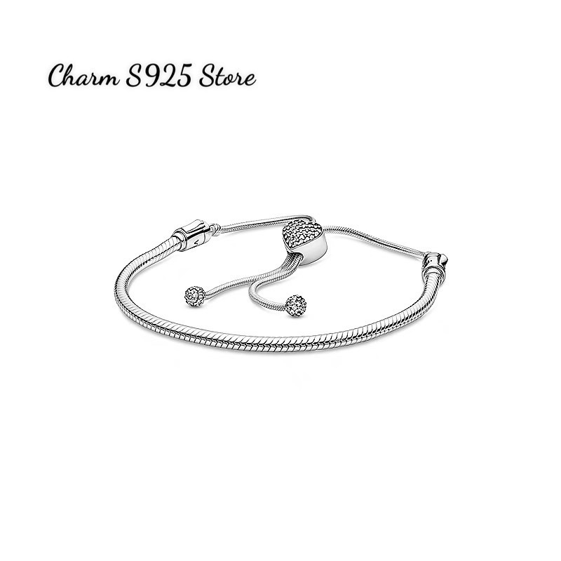 vòng tay charm pan mềm tim đính đá khoá tự chỉnh free size bạc s925