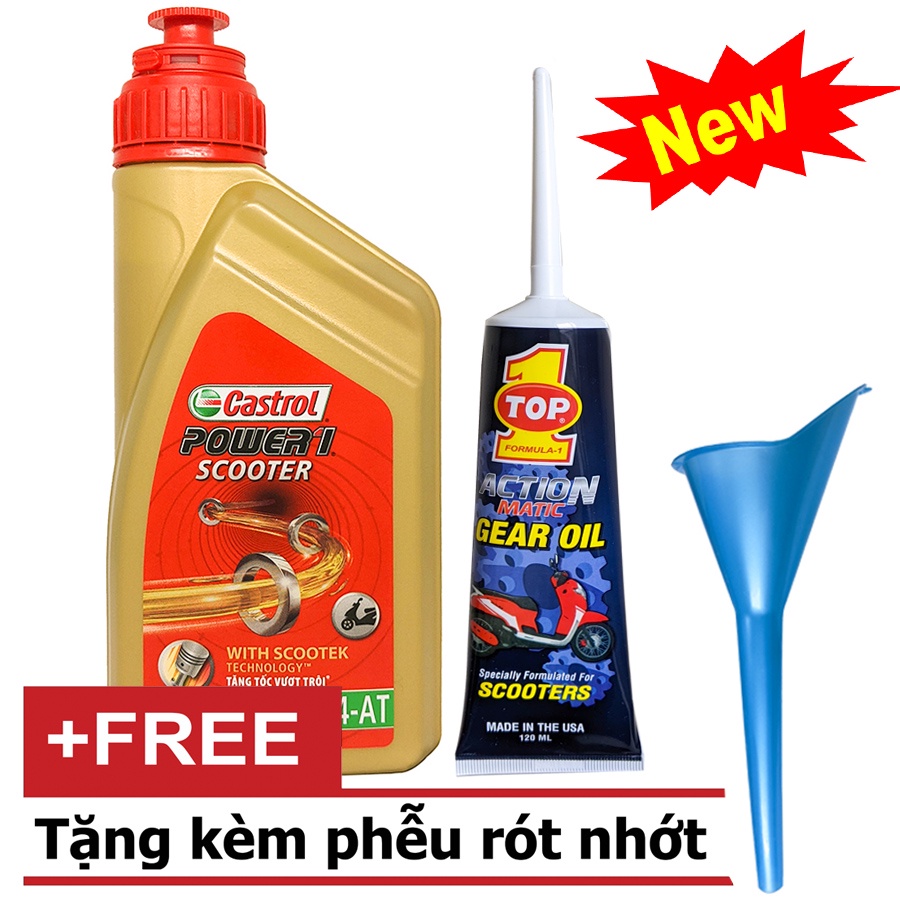 (Tặng phễu) Combo (0.8L) Dầu nhớt xe tay ga Castrol Power1 800ml + Nhớt lap Top1 80W90 120ml - Shopnhottot