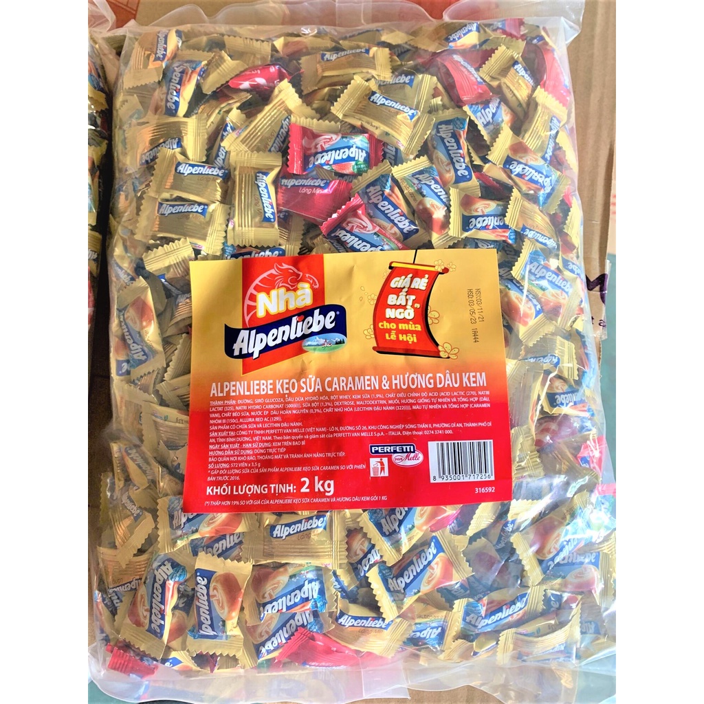 Gói 2Kg (660 viên) Kẹo Alpenliebe Vị Sữa Caramen &amp; Dâu Kem (NCFOOD)