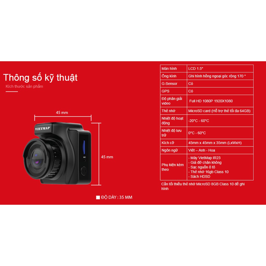 Camera hành trình Vietmap IR23 hồng ngoại | GPS + Kèm thẻ Nhớ- Hãng phân phối chính thức