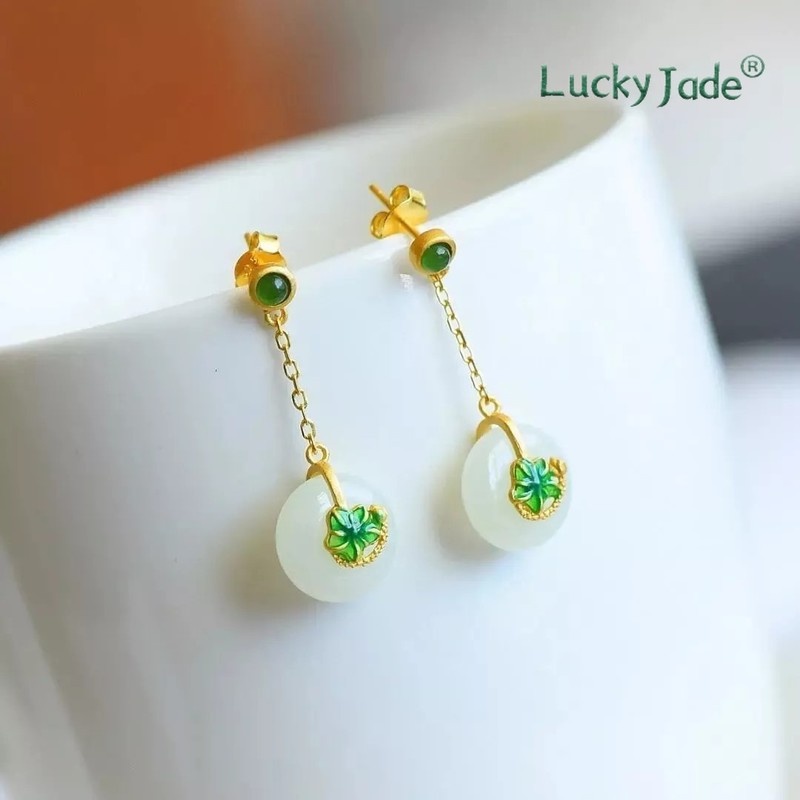 Bông Tai Mạ Bạc 925 Hình Lá Sen Đính Ngọc Bích Trắng Phong Cách Trung Hoa Cổ Điển