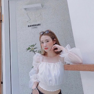 Áo bẹt vai bo eo phối voan tay dài_áo croptop