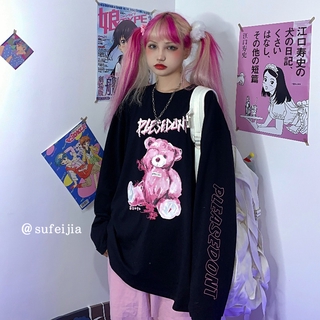 Áo Thun Tay Dài Dáng Rộng In Hình Gấu Phong Cách Harajuku Cho Nữ