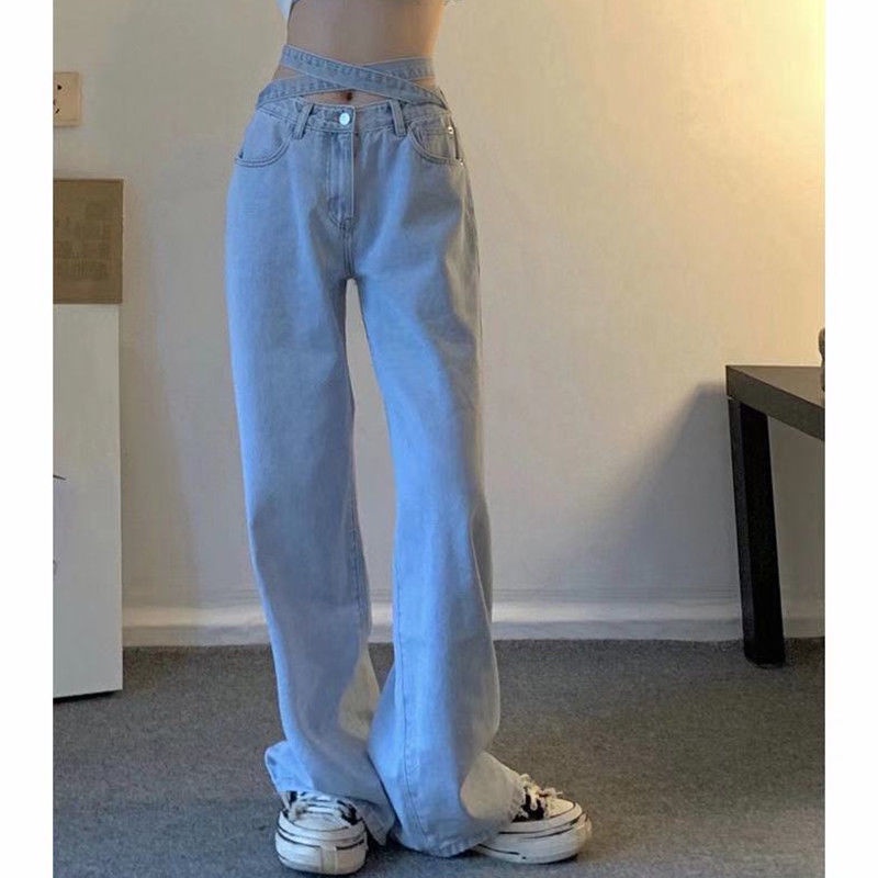 Quần Yếm Jeans Ống Rộng Lưng Cao Thời Trang Mùa Hè Cho Nữ 2021