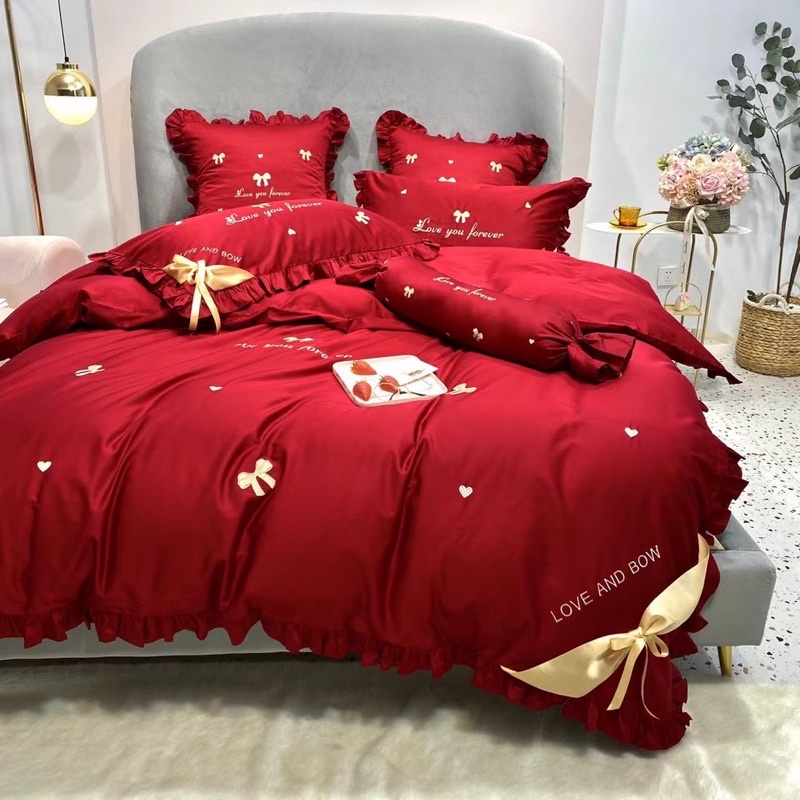 Bộ chăn ga gối Lụa thêu 60s tone đỏ cho ngày cưới 7 món