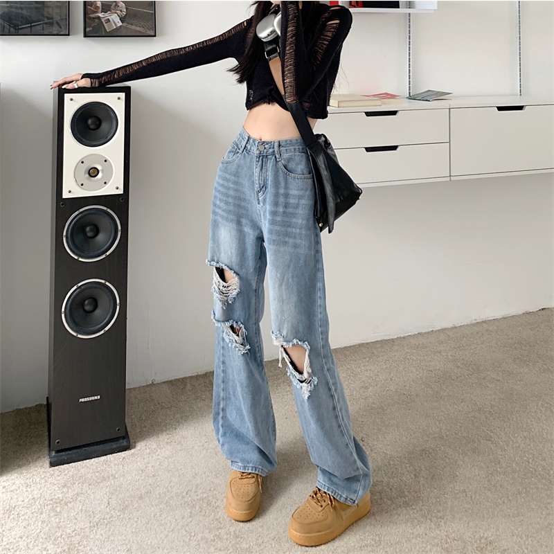 【ZHELIHANGFEI】Quần Jeans Nữ Lưng Cao Dáng Rộng Thời Trang Cá Tính