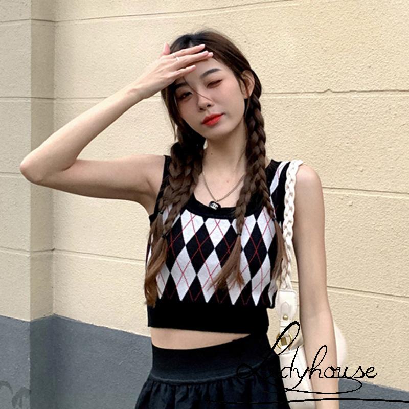 Áo Dệt Kim Không Tay Cổ Chữ U In Họa Tiết Kim Cương Hợp Thời Trang Cho Nữ