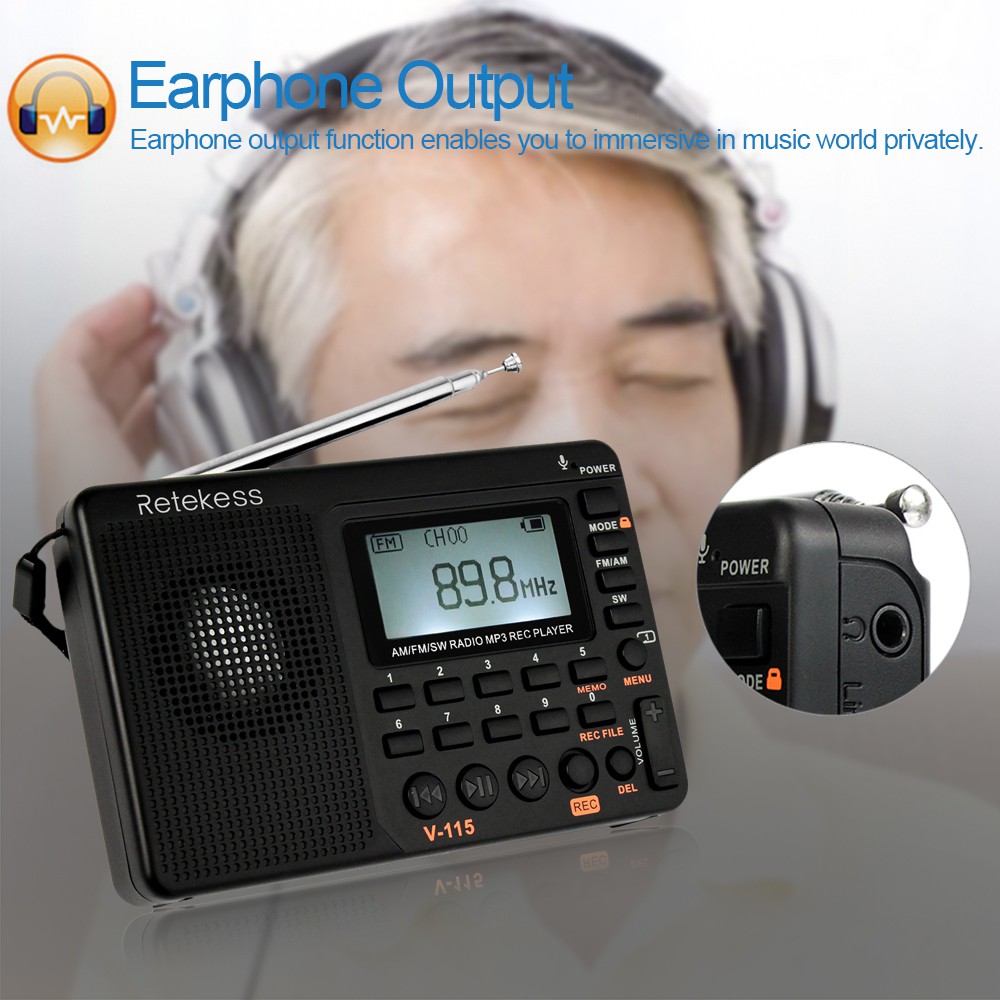 Máy phát MP3 kiêm đài radio FM/AM/SW và máy ghi âm Retekess V-115 đa băng tần âm thanh bass