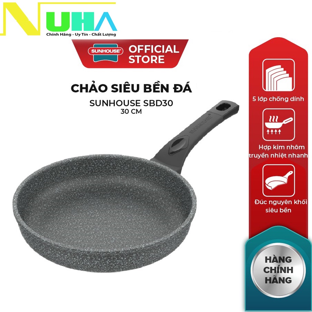 Chảo chống dính cạn lòng vân đá Siêu Bền Sunhouse (18,24, 26, 28, 30 cm) SBD, không dùng bếp từ