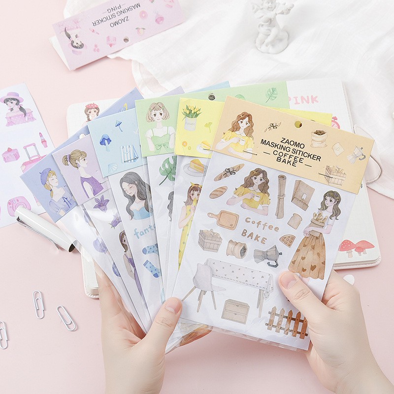 Tấm Sticker Cô Gái HynBee Masking Sticker  Theo Chủ Đề Màu Sắc Dùng Trang Trí Sổ Tay, Bullet Journal
