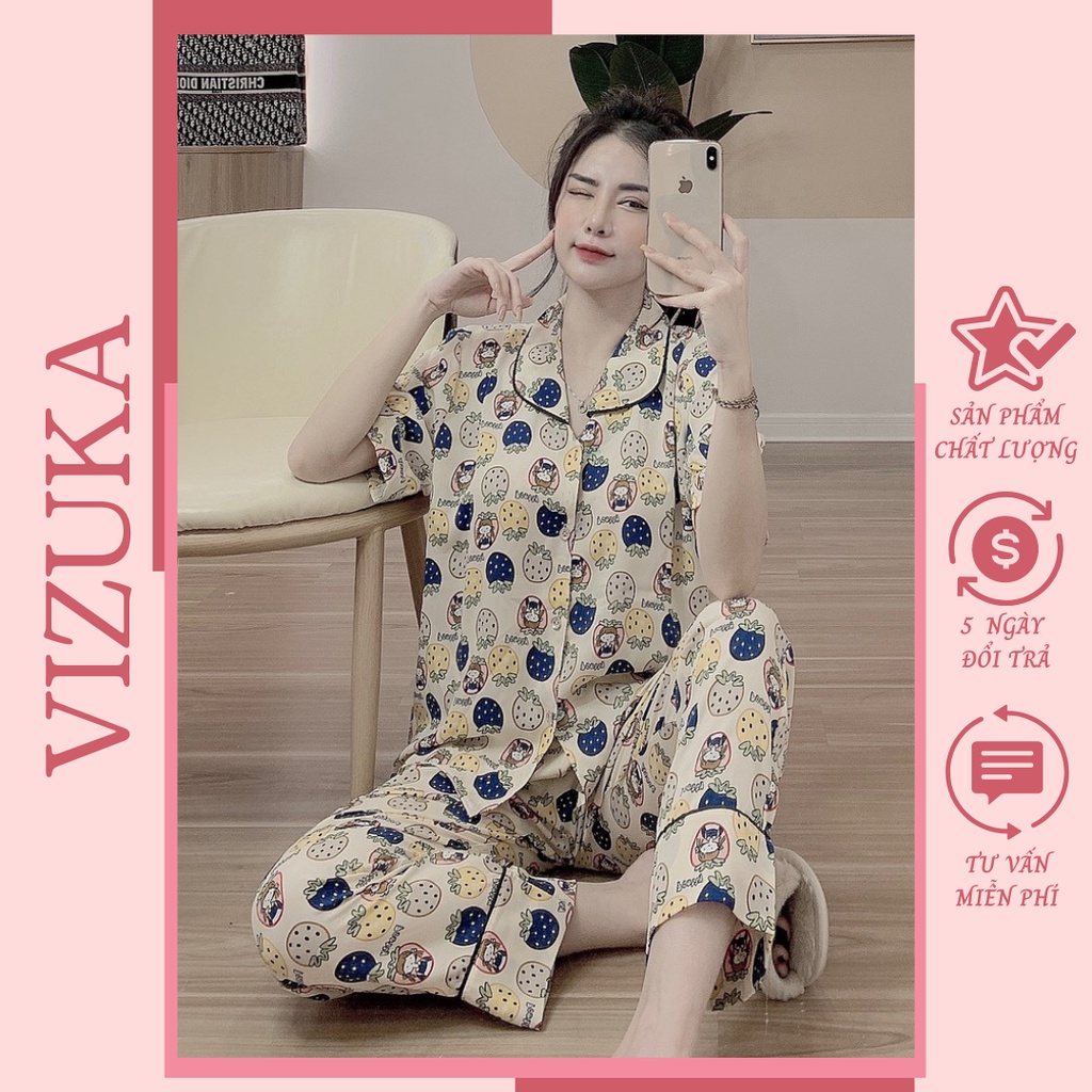 Đồ bộ nữ pijama nữ lụa tay ngắn quần dài chất liệu mango VIZUKA