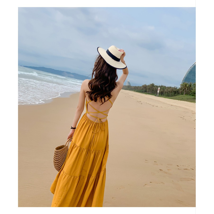 [Có Sẵn S, M] [Ảnh Thật] Váy Maxi vàng 2 dây đan lưng đi biển siêu hot | BigBuy360 - bigbuy360.vn