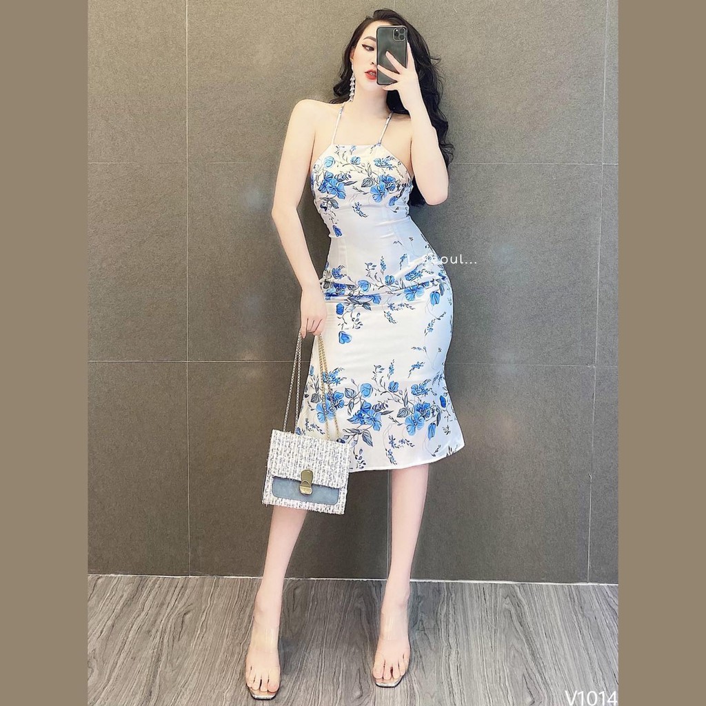 VÁY YẾM LỤA HOA XANH THẺ TRUNG (V1014)