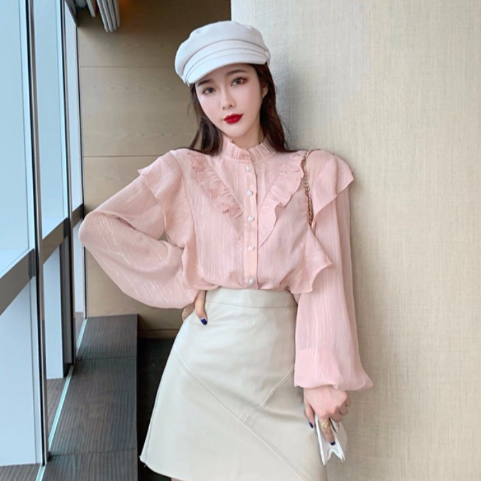 Áo sơ mi nữ Hàn Quốc Hồng Pinky Voan công sở, dạo phố （tặng áo lá)