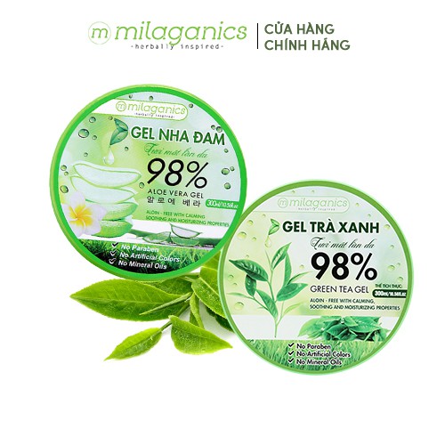 Bộ đôi Gel dưỡng ẩm, giảm mụn gel nha đam tươi MILAGANICS 300ml + Gel trà xanh MILAGANICS 300ml