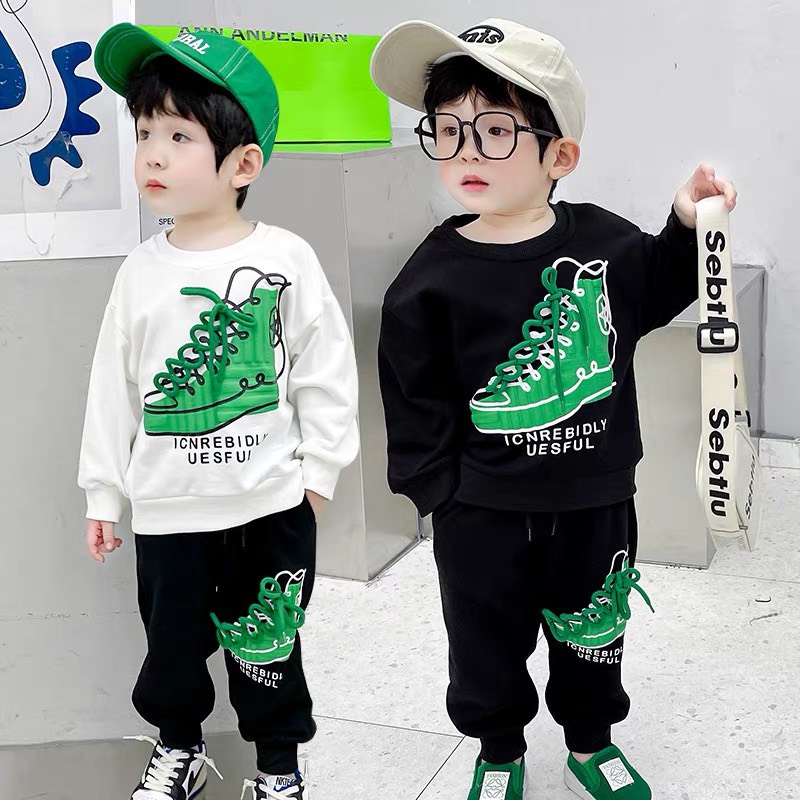 Bộ quần áo bé trai, set bộ quần áo chất cotton QC loại 1 họa tiết chiếc giầy xanh cá tính cho bé