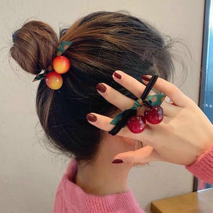 Dây buộc tóc hình quả cherry phối nơ thời trang xinh xắn
