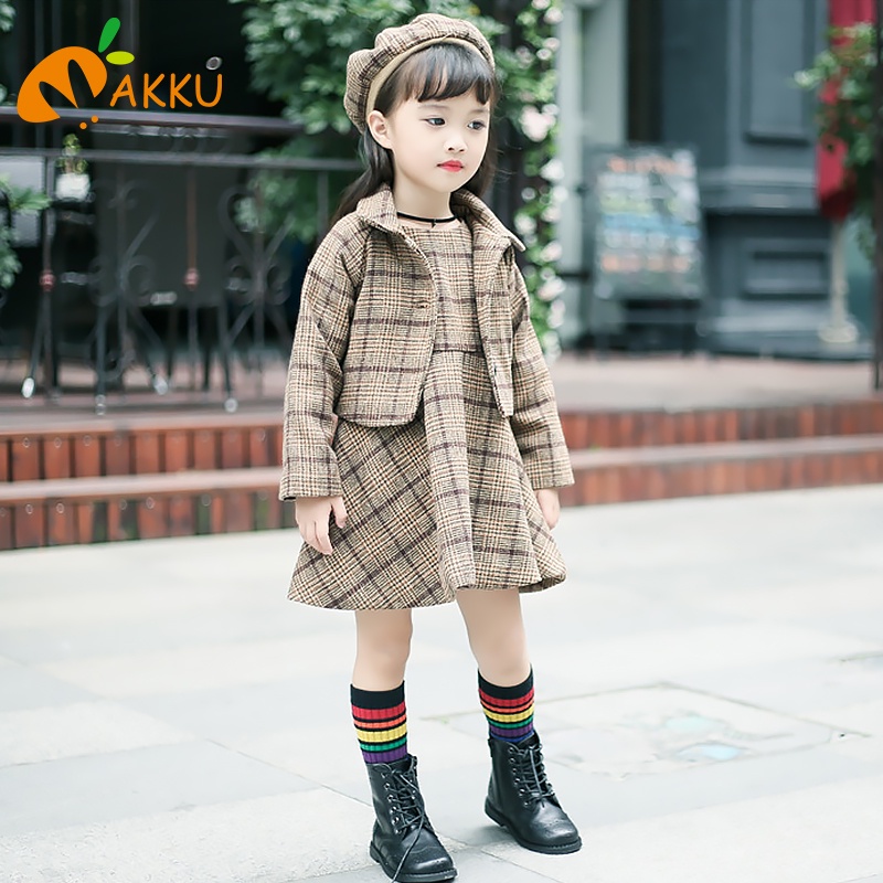 Set Áo Khoác Len + Đầm Sát Nách + Mũ Thời Trang Mùa Thu Cho Bé Gái