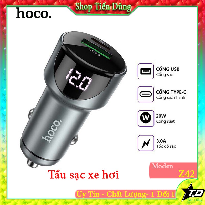 Tẩu sạc nhanh ô tô HOCO Z42 sạc điện thoại trên xe hơi | đầu ra USB QC3.0 18W và Type-C PD 20W, màn hình LED
