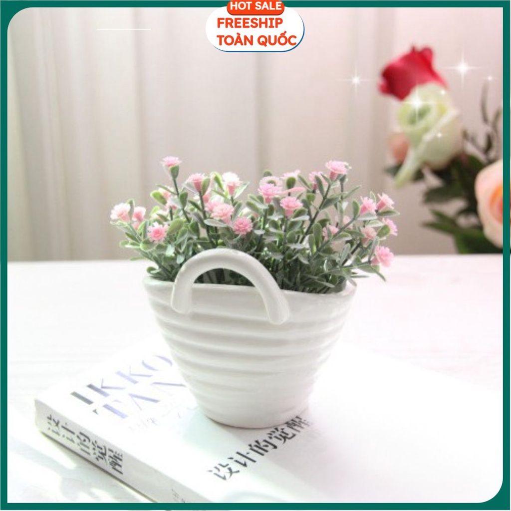 Giỏ Hoa Lụa Để Bàn 17cm - Kiểu Làn Xách Tay - Phong Cách Zak - Décor 17cm - Giỏ Sứ (Đã Có Hoa)