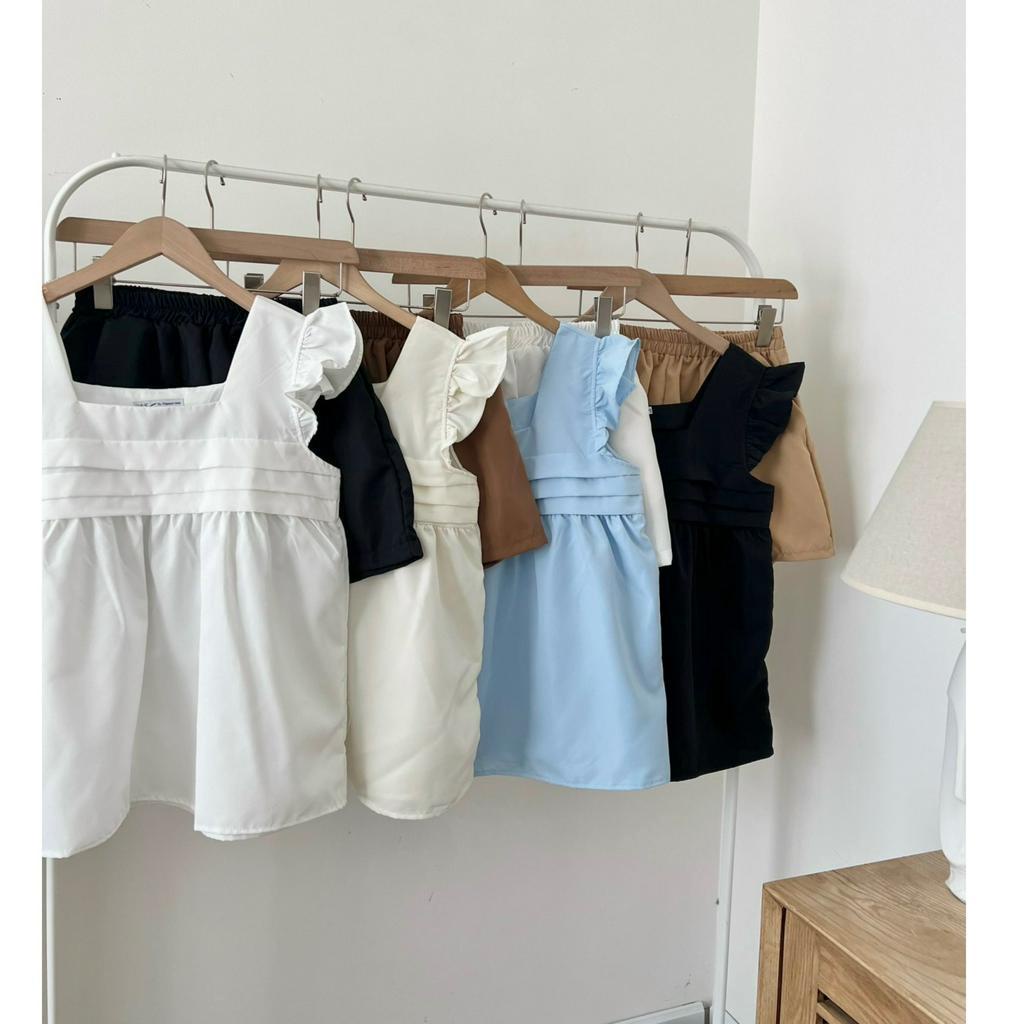 Set 2 món, áo kiểu nữ babydoll viền kèm quần short  xinh 4 màu Hàn Quốc Kozoda S22