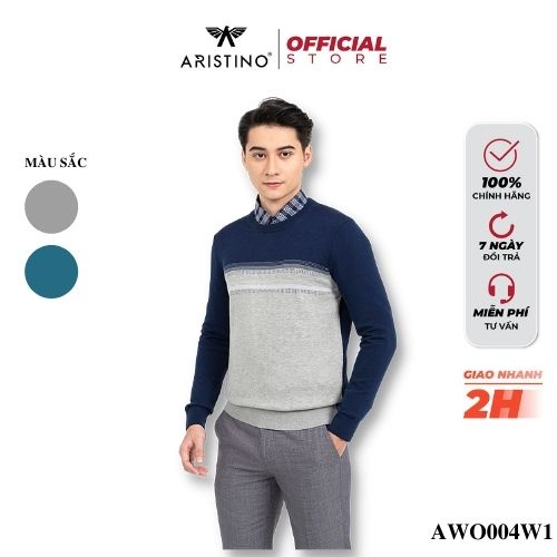 Áo Len Nam Dài Tay ARISTINO Cap Cấp Cổ Tròn Ngực Phối Màu Trẻ Trung Thời Thượng - AWO004W1