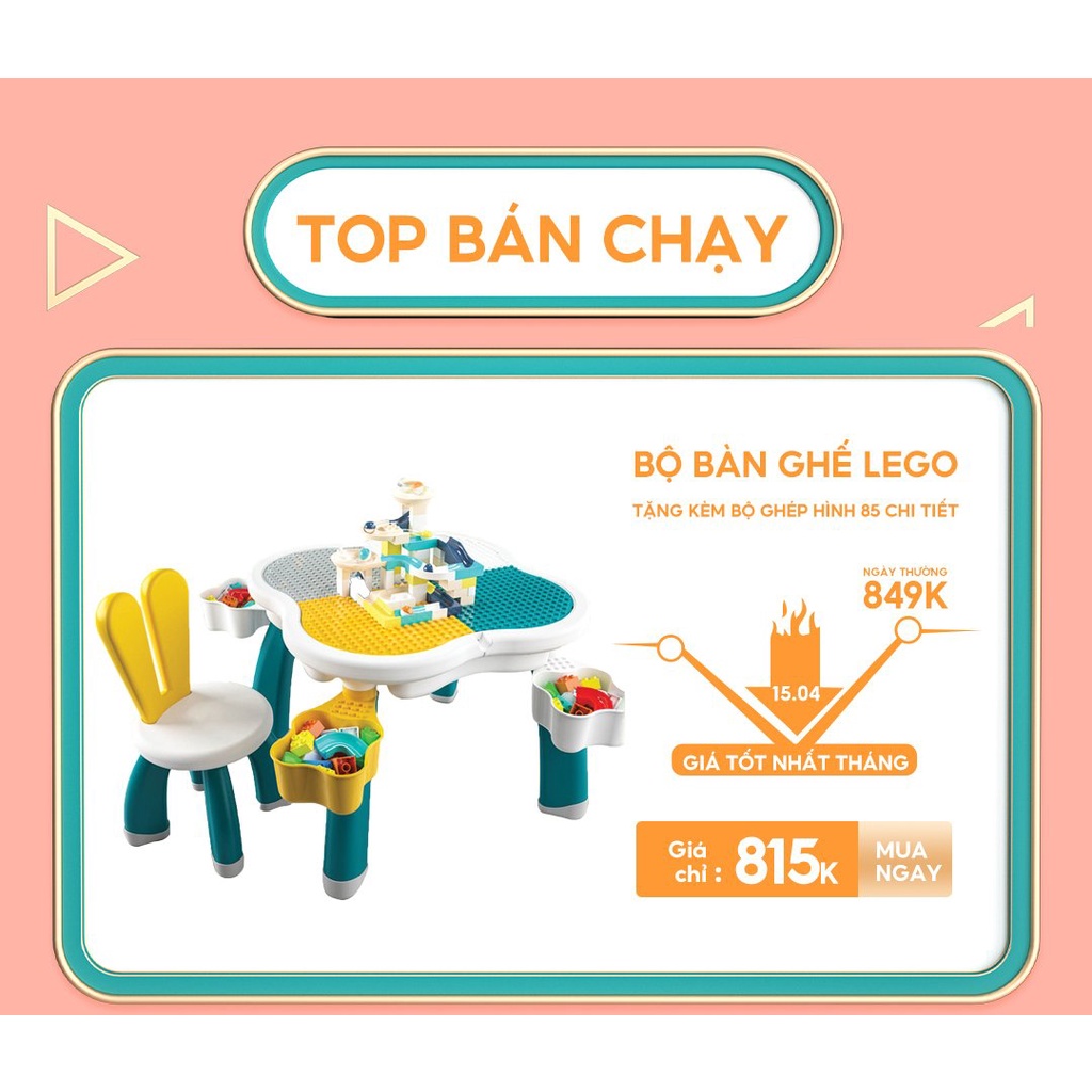 Bộ bàn ghế lego honper cỡ lớn thiết kế 3 in 1 tặng kèm bộ ghép hình 85 chi tiết phân phối chính hãng Bonbon Mart