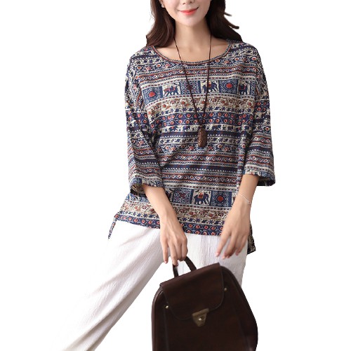 ZANZEA Women Casual Floral Printing 3/4 Sleeve O-neck Loose Vintage Blouse