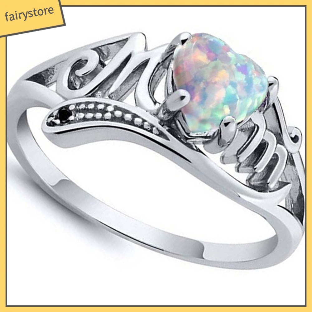 Nhẫn Hợp Kim Đính Đá Opal Giả Hình Trái Tim Khắc Chữ