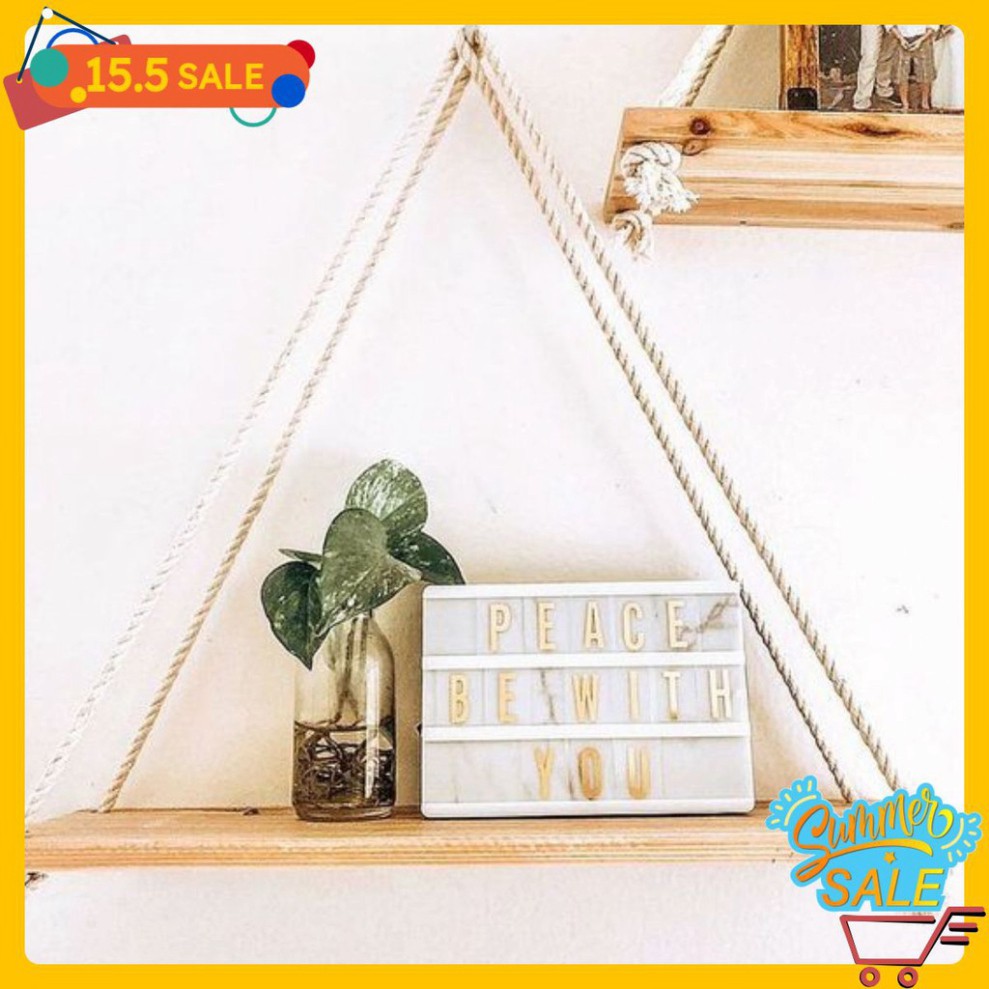 Kệ Trang Trí Treo Tường 1 Tầng  Bằng Dây Macrame 👍GIÁ RẺ👍 Kết Hợp Với Vòng Inox Độc Đáo Gỗ Thông Tự nhiên