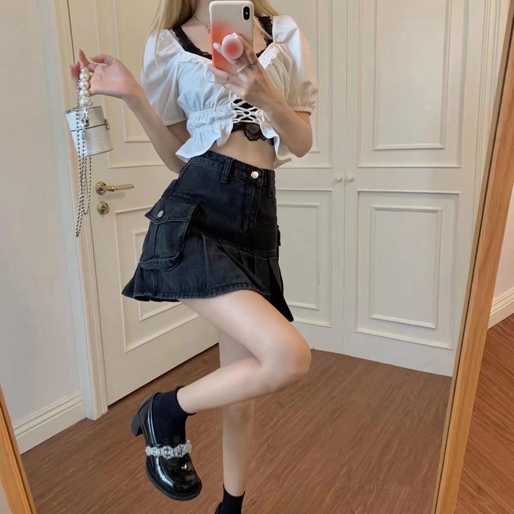 Chân váy jean SUXI dáng chữ A lưng cao xếp ly màu xám đen thời trang quyến rũ cho nữ