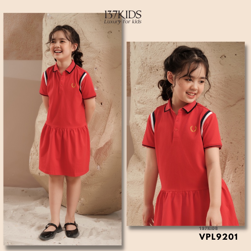 Váy polo đỏ sọc vai thiết kế 137Kids chất cotton thấm hút mồ hôi tốt cho bé gái đi chơi đi học