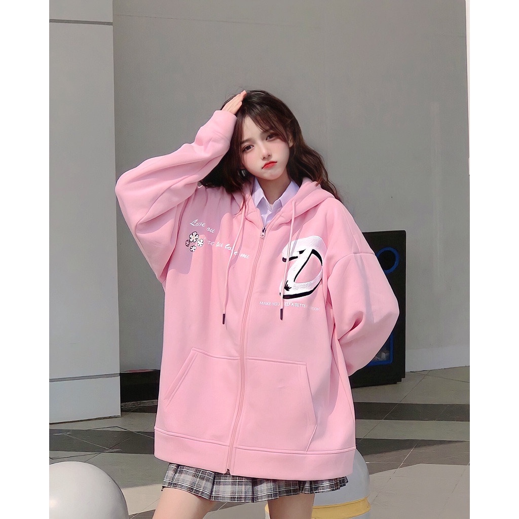 Áo hoodie zip , áo khoác nỉ có mũ local brand Destruction basic unisex thêu logo màu hồng - nâu - đen