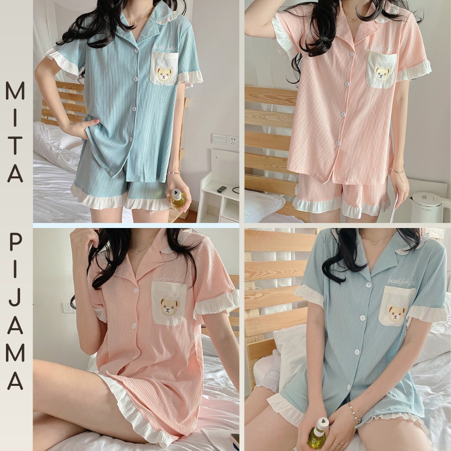 Đồ bộ nữ mặc nhà pijama tay ngắn cotton sợi tre cao cấp viền bèo dễ thương - CTN3