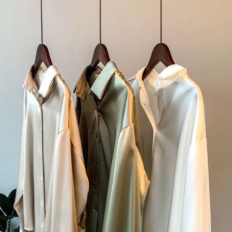 Yoi Áo Sơ Mi Lụa Satin Bóng Tay Dài Cổ Chữ V Cài Nút Màu Trơn Trang Trọng Công Sở Mùa Xuân Cho Nữ L